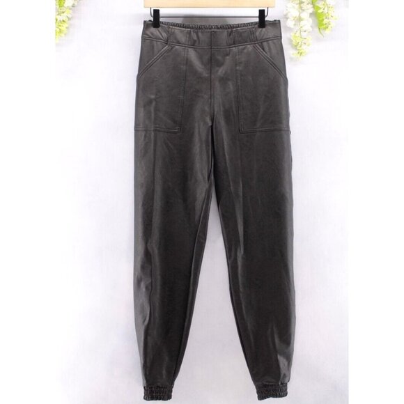 Spanx Women's Faux Leather Jogger Pants L/G Black Elastic Waist Pockets - Picture 1 of 7